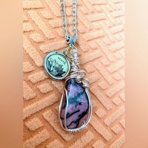 Rhodonite wirewrapped pendant necklace with truth charm - love stone